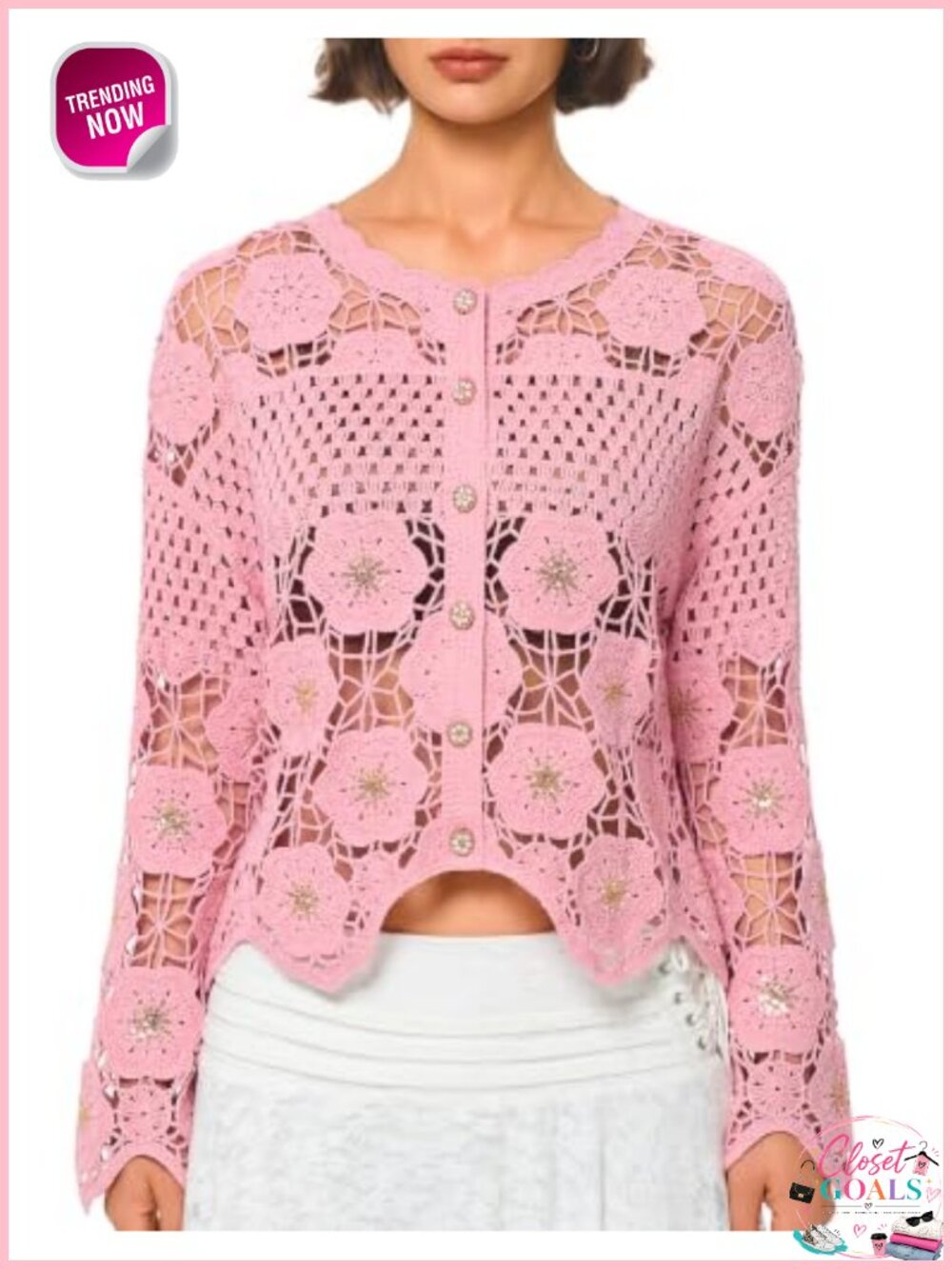 Crochet Cardigan Cotton Blend 3D Floral Sequin Button Women's Sweater